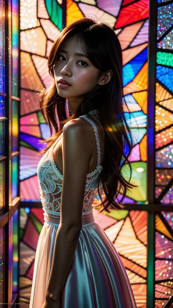 software, Concept Art, Little Junior Idol, (A white dress made of delicate lace with attention to detail), (Nipples:-0.9), Face close-up, (Intricate stained glass background:1.37), (((Renbutsu Misako), Colorful light shining through delicate stained glass:1.2, Bright red, Luminous Particles, Particles of light))(Accutance:0.8). (Professional Photo:1.2),(Very detailed:1.37), (Very detailedKAWAII顔のバリエーション, Variations of innocent facial expressions), Rosy Cheeks, Exquisite eyes with shimmering highlights, Long and voluminous eyelashes, Slight redness in the face. Mysterious sight, mist, Clear, flawless, radiant pearly skin, Captivating Gaze, ((Dynamic Angle)), Body proportions and limbs are anatomically correct . (Expose:0.44)