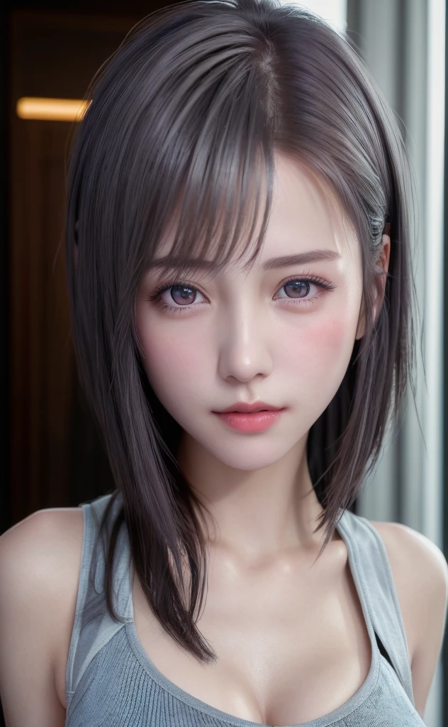 (8K, Photorealistic, Raw photo, of the highest quality: 1.3), (1girl in), Super beautiful, (Realistic face), (boyish, Silver Color Berry Shorthair), Beautiful , Glare that captivates the viewer, Beautiful expression, Beautiful breasts, (Realistic skin), Be...