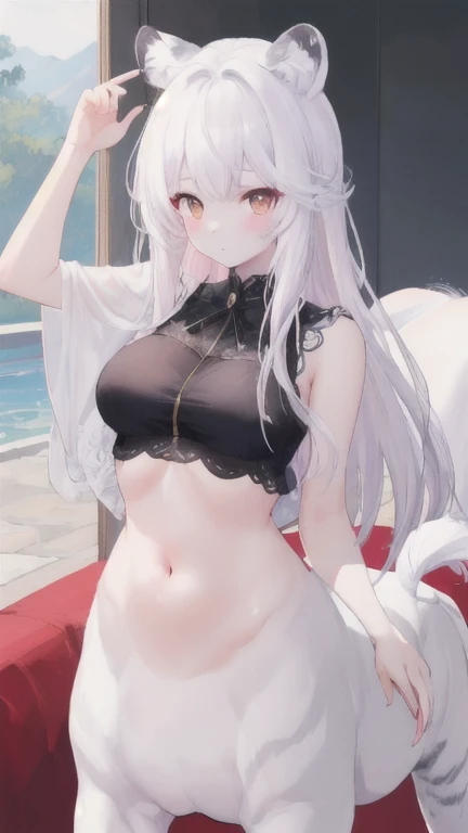 (best quality, masterpiece), 1 girl, centaur, It takes, White skin, korean ,daughter, black pink , abdominal exposure, exposed navel , 아름다운 소녀 perfect white tiger photo, perfect white tiger photo