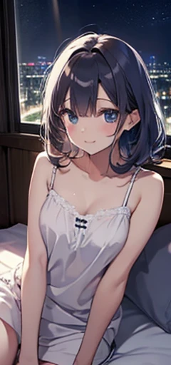 (Cute older sister:1.3)、((Very detailed))、night、Bedroom、On the bed、、Going to bed、Shining night sky、((1 person)),,White camisole