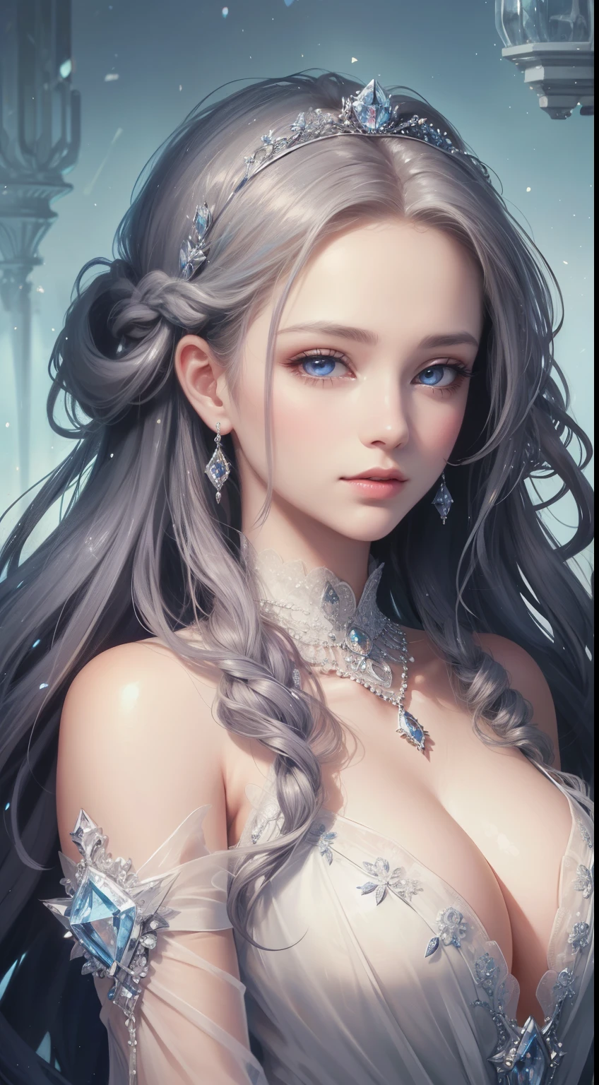 A beautiful royal princess portrait, highly detailed curly braided hair, shimmering clear eyes, hair adorned with exquisite floral artistry, crystal and diamond jewelry, hyper detailed, masterpiece, 4k, high resolution, soft lighting,16 year old.