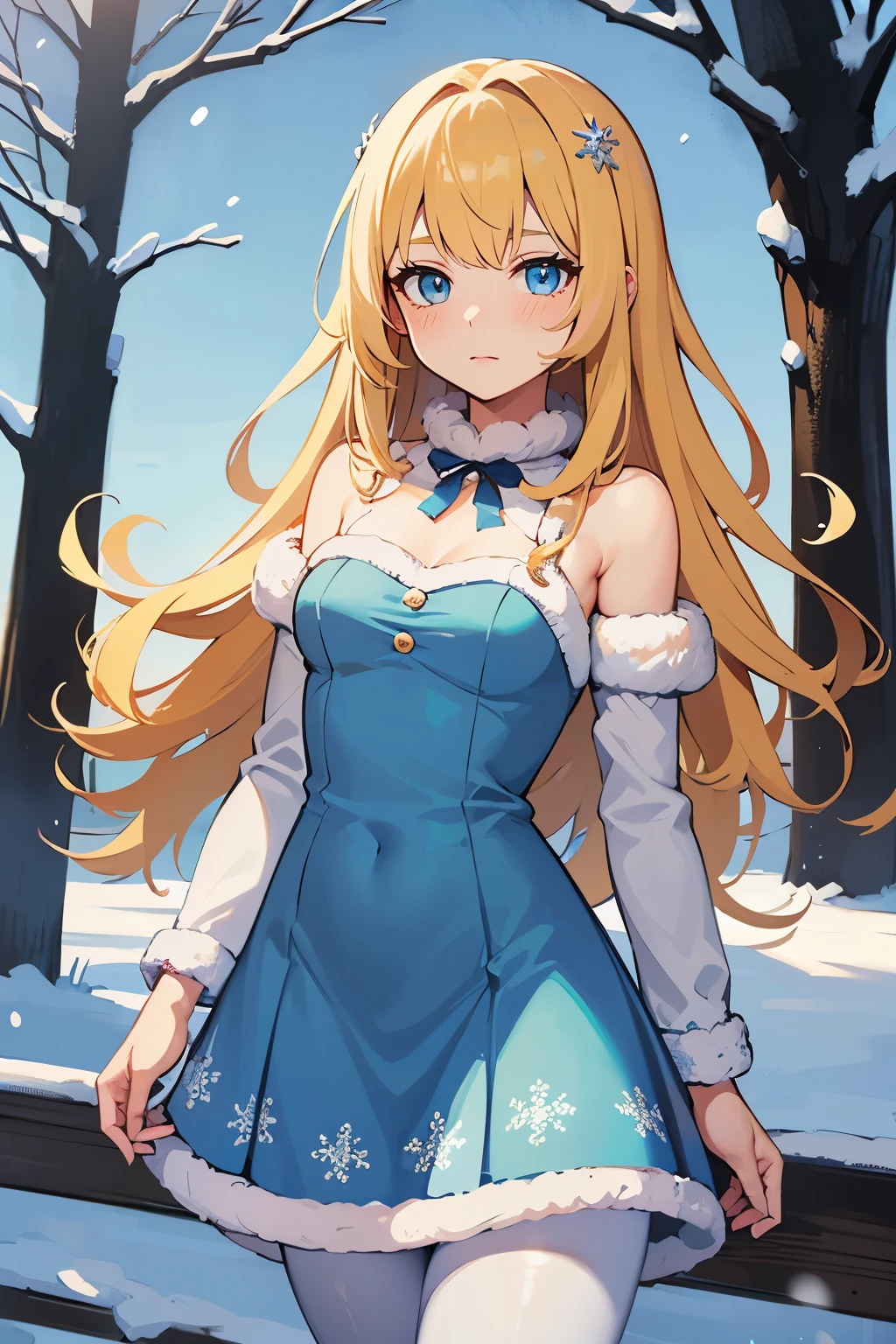 Safe for work, masterpiece, best quality, solo, 1 girl,  cute girl, wholesome girl, (young female body:1.4), ( medium small breasts), cowboy shot, shy smile, flustered,  yellow golden hair, extra long hair, thick wavy hair, hime cut, very blunt bangs, eyebrows hidden behind bangs, light blue eyes, detailed eyes, outside, snowy woods, standing, icy blue griffin style dress, light blue winter dress, dress with white fur, white cotton pantyhose, winter, long sleeve, blue dress, snowflake print on dress, thick winter blue dress, white fluffy fur trimmings, griffin style, white fur, warm, blue dress