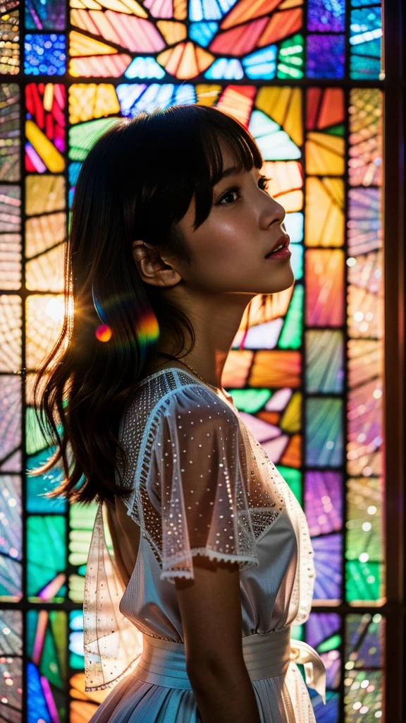 software, Concept Art, Little Junior Idol, (A white dress made of delicate lace with attention to detail), (Nipples:-0.9), Face close-up, (Intricate stained glass background:1.37), (((Renbutsu Misako), Colorful light shining through delicate stained glass:1.2, Bright red, Luminous Particles, Particles of light))(Accutance:0.8). (Professional Photo:1.2),(Very detailed:1.37), (Very detailedKAWAII顔のバリエーション, Variations of innocent facial expressions), Rosy Cheeks, Exquisite eyes with shimmering highlights, Long and voluminous eyelashes, Slight redness in the face. Mysterious sight, mist, Clear, flawless, radiant pearly skin, Captivating Gaze, ((Dynamic Angle)), Body proportions and limbs are anatomically correct . (Expose:0.44)