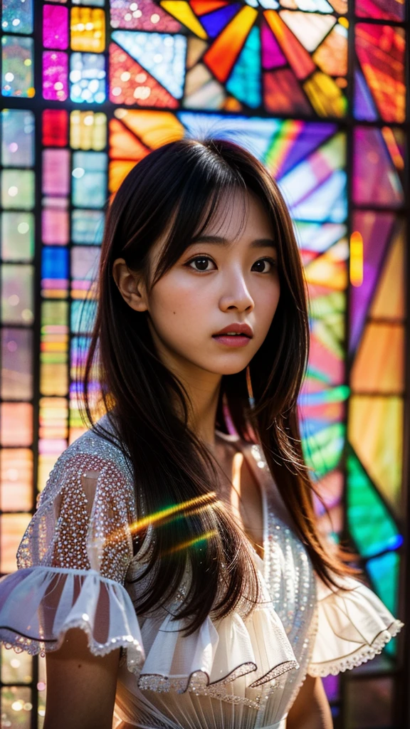 software, Concept Art, Little Junior Idol, (A white dress made of delicate lace with attention to detail), (Nipples:-0.9), Face close-up, (Intricate stained glass background:1.37), (((Renbutsu Misako), Colorful light shining through delicate stained glass:1.2, Bright red, Luminous Particles, Particles of light))(Accutance:0.8). (Professional Photo:1.2),(Very detailed:1.37), (Very detailedKAWAII顔のバリエーション, Variations of innocent facial expressions), Rosy Cheeks, Exquisite eyes with shimmering highlights, Long and voluminous eyelashes, Slight redness in the face. Mysterious sight, mist, Clear, flawless, radiant pearly skin, Captivating Gaze, ((Dynamic Angle)), Body proportions and limbs are anatomically correct . (Expose:0.44)