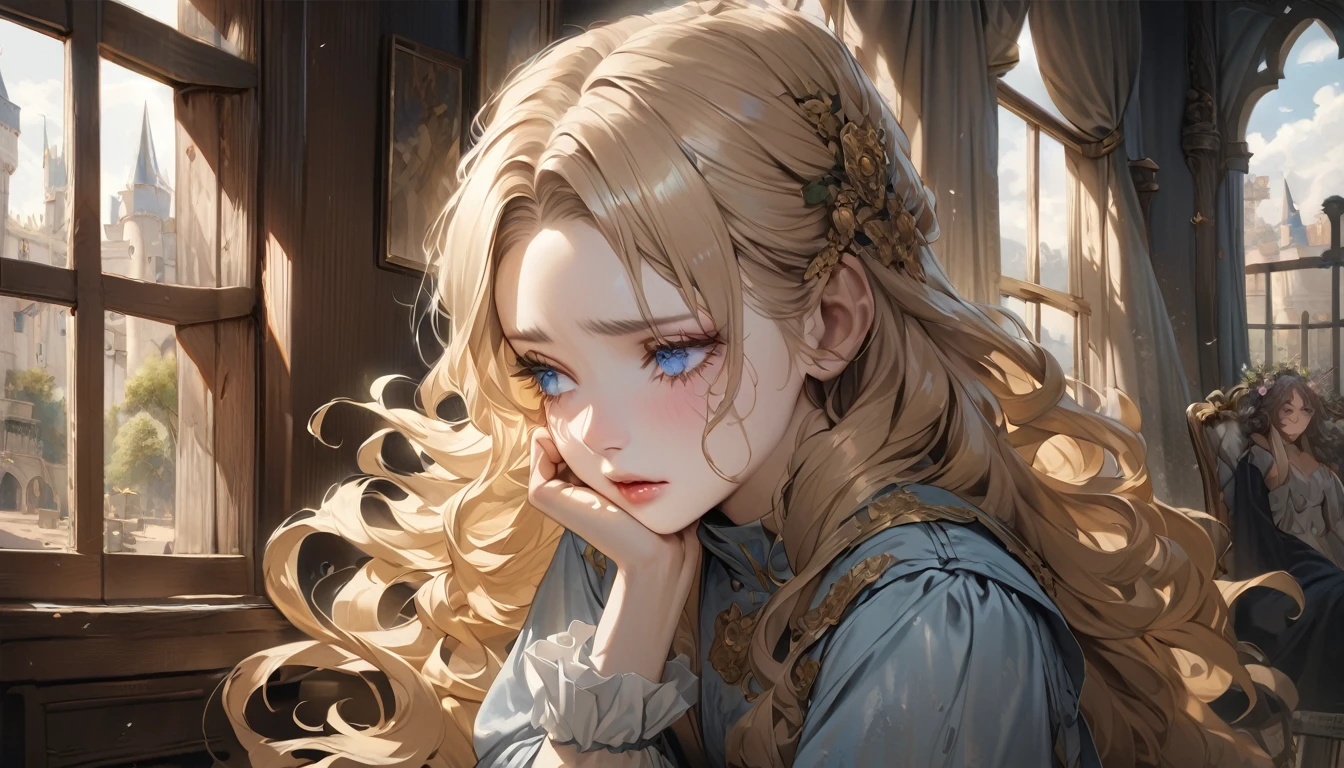 master piece, ultra detailed, hyper realistic, I look out the window at the castle in the distance, Female servant, 20yo, Ragged and shabby servant dress, covered in soot, shedding tears and reflecting a deep sadness, wavy hair, yellow hair, silky hair, blue eyes, long eyelashes, yellow eyebrows, pale skin, Fairy Tale World Feel, looking away,
