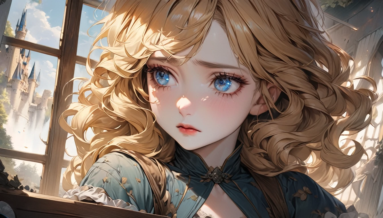 master piece, ultra detailed, hyper realistic, I look out the window at the castle in the distance, Female servant, 20yo, Ragged and shabby servant dress, covered in soot, shedding tears and reflecting a deep sadness, wavy hair, yellow hair, silky hair, blue eyes, long eyelashes, yellow eyebrows, pale skin, Fairy Tale World Feel, looking away,