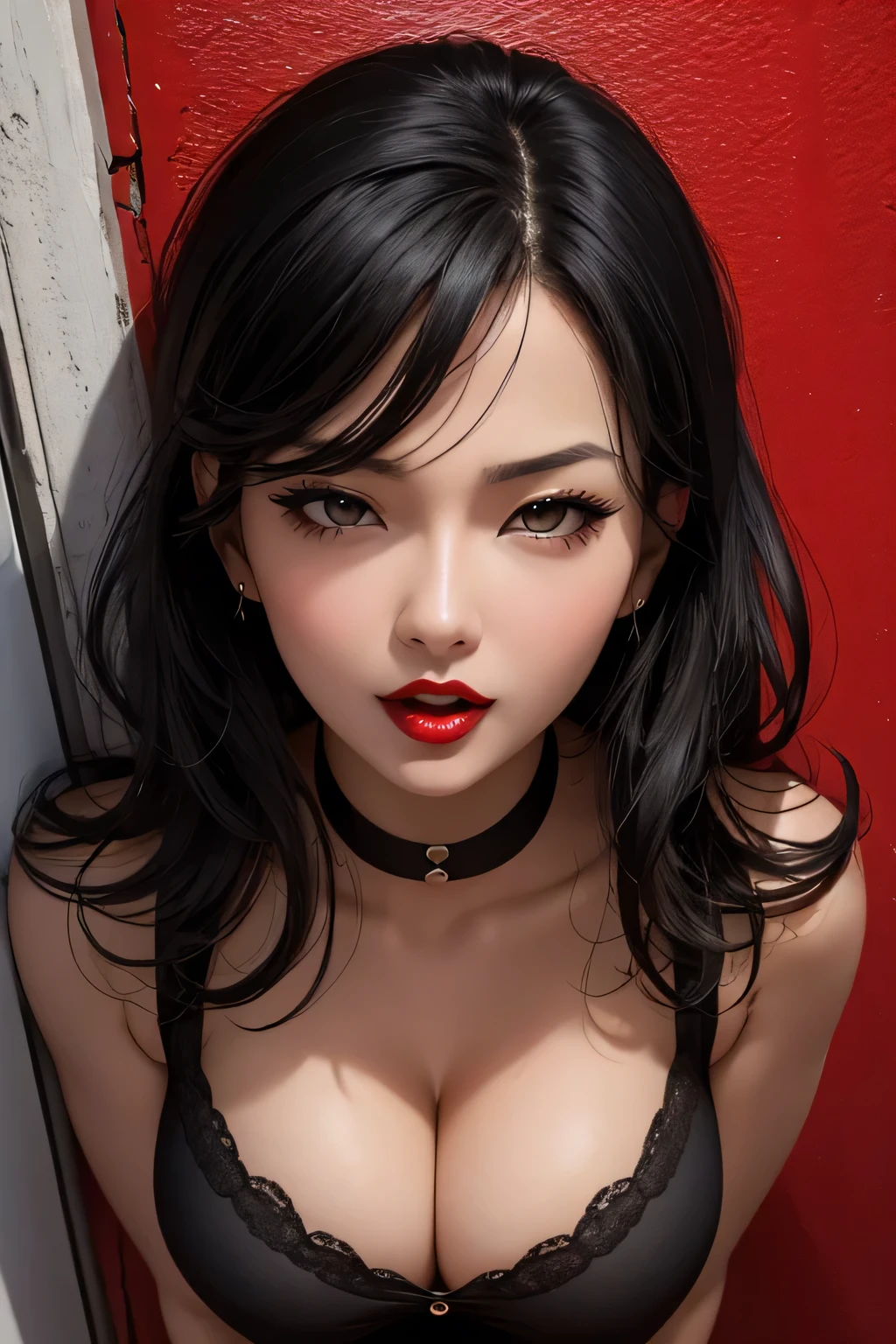 Sexy woman, MILF, neighbour black hair, sexy eyes, red lips, sexually aroused expression, lustful expression, pinned against a wall, upper body, medium chest, cleavage, bedroom, bed