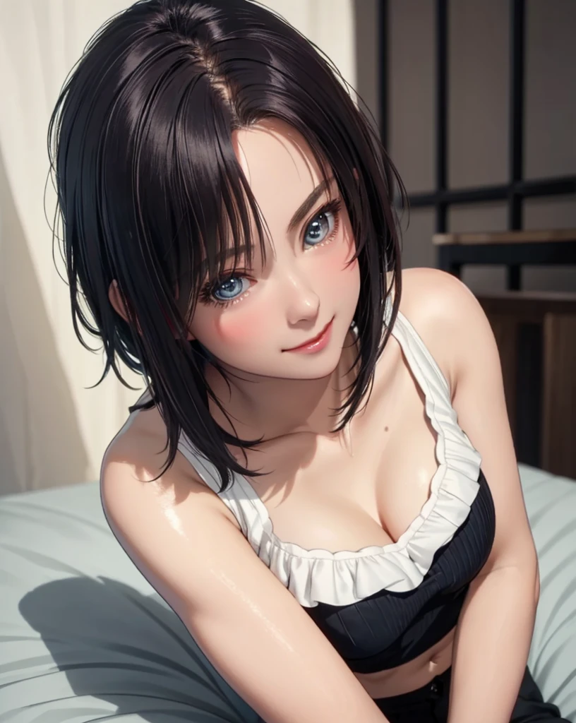 Best Quality, Ultra High Resolution, (Photorealistic: 1.4), Beautiful Eyes, Super Beautiful, Very Short Hair, Beautiful, Sweetheart, T-shirt with Rough Chest, Beautiful Soldier, Eyes That Invite Viewer, Lover's Perspective, Inviting Expression, Sexy Smile, Perfect Style, Perfect Balance, Detailed Skin, Naughty Gaze, Chest Visible