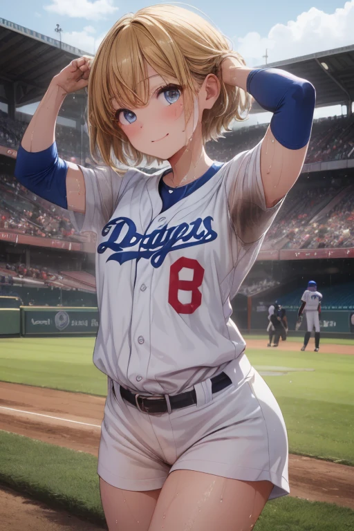 ((nafw))、(masterpiece, Highest quality, Highest quality, Official Art, beautifully)、Blonde、short hair、Blue Eyes、beautiful girl、Slender body、(Full body photo、To the tips of the feet)、(((Sweat、Soaking wet、Body odor)))、(((Detailed vagina、Love juice overflows from the vagina)))、smile、Very detailed、((((Smell fetish))))、White Baseball Uniform、Baseball Girl、Baseball club、baseball Ground、dodgers uniform