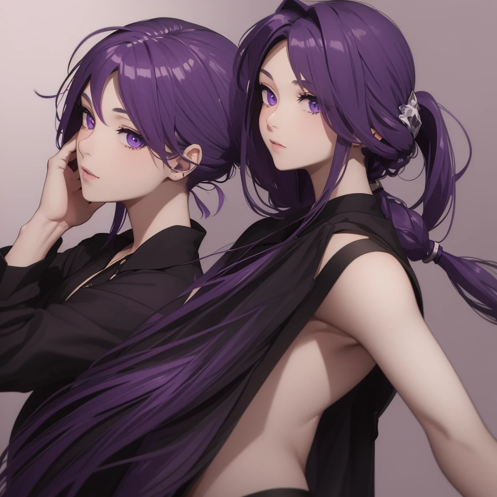A girl in her late teens with long light purple hair tied into a ponytail and amethyst eyes wearing a revealing elegant dark purple dress and a short dark purple skirt as a close up face pic