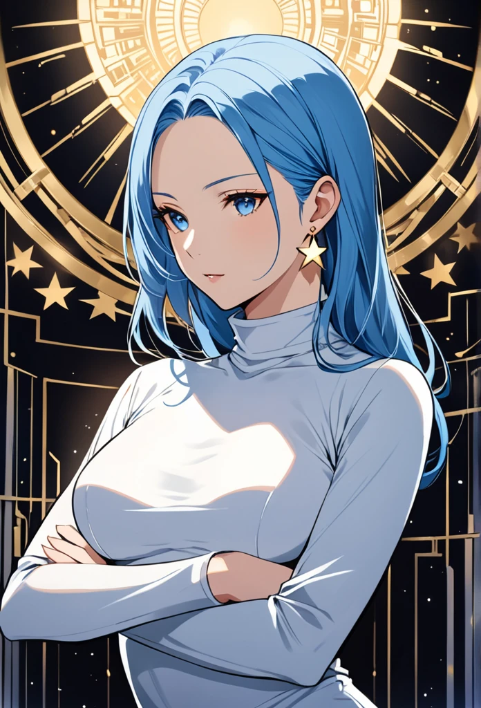 light blue, long and wavy, always well looked after and shiny.
clear, with an intriguing glow that reflects your insatiable curiosity and sharp intelligence.
slightly pale, with an almost ethereal appearance that highlights his semi-human features.
Subtly pointed, indicating his semi-human ancestry.
A white micro t-shirt with a turtleneck, adjusted to the body, highlighting her elegant silhouette and providing a delicate contrast with her blue hair.
A low-waisted pencil skirt, shaping your curves with grace and elegance.
Slender and exposed, emphasizing the smooth transition between the upper and lower part of your body.
Small star-shaped earrings, symbolizing your connection to the unknown and mysterious.
- Often seen with arms crossed, a posture that exudes confidence and authority.
Alternatively, can be portrayed with arms raised, holding breasts dramatically, highlighting your beauty and strength at the same time.
Determined and dedicated to her work as a journalist, always in search of the truth and the most fascinating stories.
With an insatiable thirst for knowledge, she is always exploring new frontiers and unraveling mysteries.
Despite its imposing appearance, Aoi has a kind heart and deep empathy for others, what makes her an excellent storyteller.
Has above average physical resistance, allowing you to face challenging situations with ease.
Endowed with a keen intuition, often knows what is about to happen before it reveals itself.