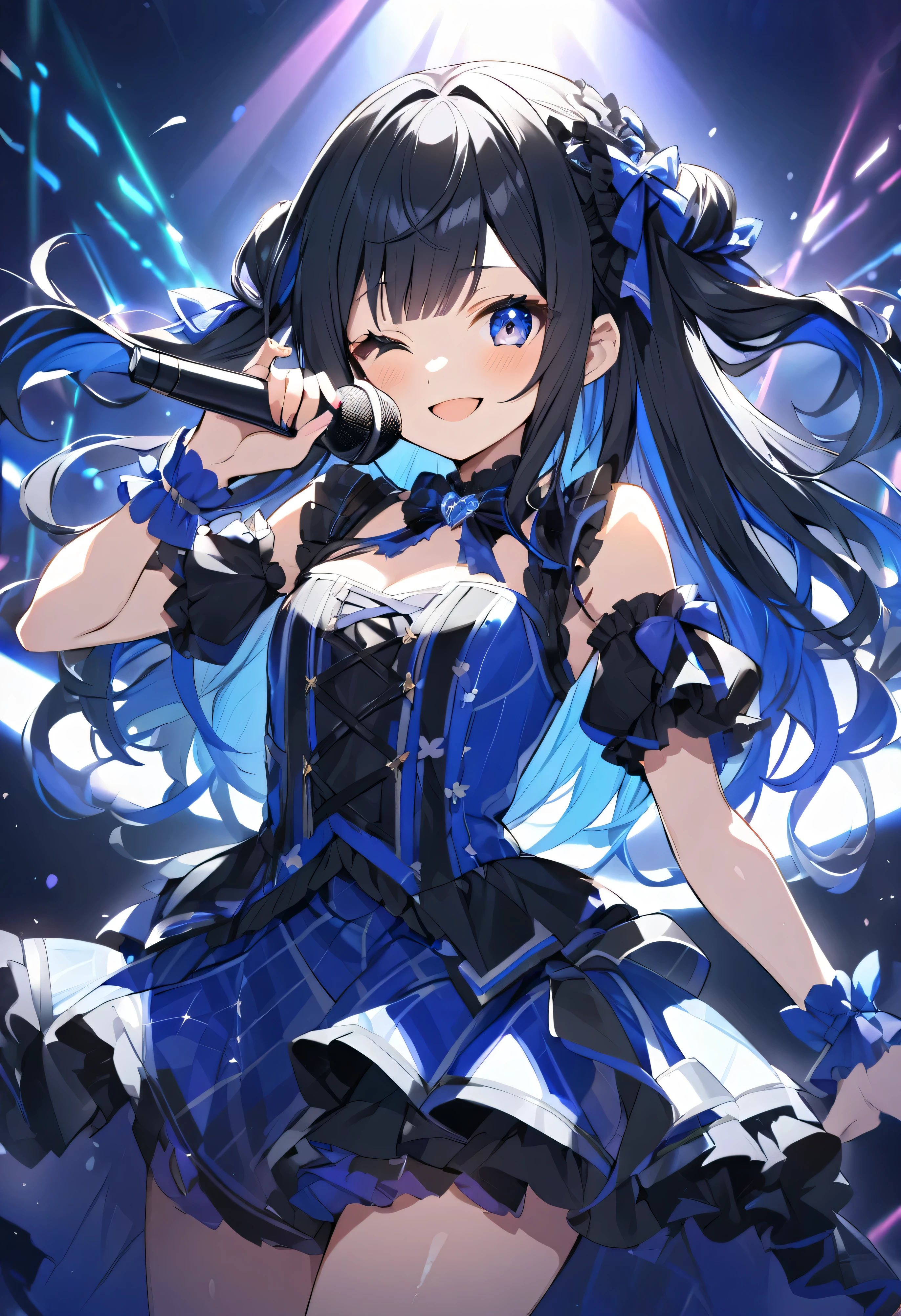 Black hair, inner color is blue Gothic loli Shiny Hair Looking at the audience Otaku clothes 18-year-old Gamer sight bangs chest beauty Show your hand Hold the microphone smile sing side One person outside