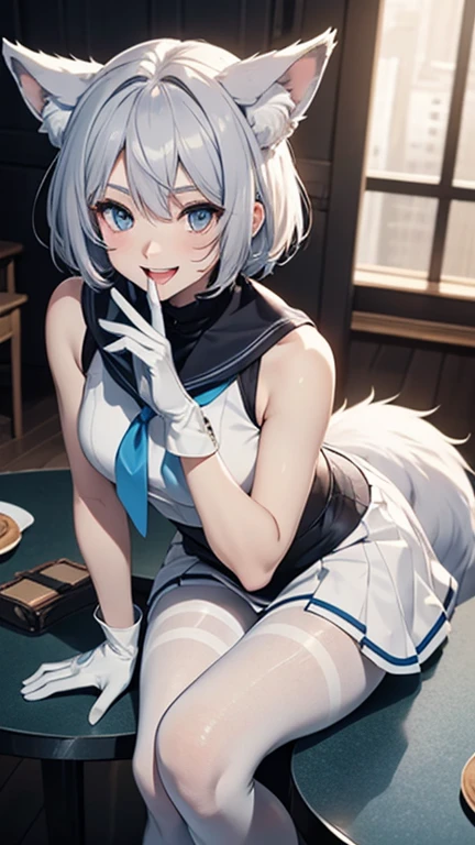 table top High level image quality best image quality 8k adult woman portrait white long gloves(elbow bag) white pantyhose sailor suit(Sleeveless mini skirt white wolf ears short hair((shortcut)(gray hair)(perm)(fluffy)) eye color is blue fascinating face((laughter)(smile)(open your mouth)) beautiful feet , over view