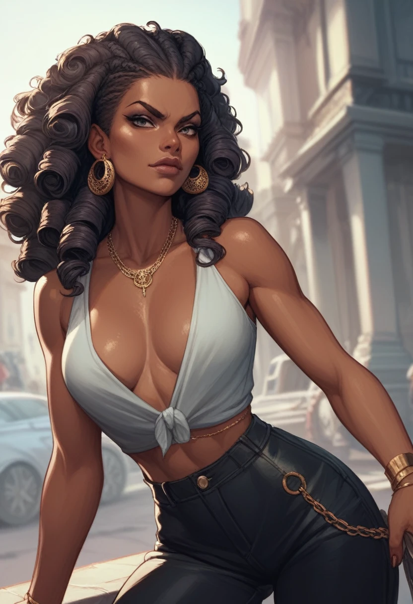 (masterpiece) (best quality) (detailed) (8k) (cinematic) (sharp focus), 1 female, badass face, many short curls, small waist, dark skin
