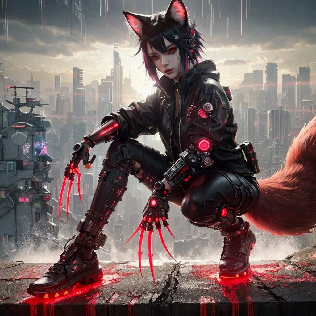anime character with red glowing claws crouching on ledge in city, cyberpunk cat, an anthropomorphic cyberpunk fox, cyberpunk art style, digital cyberpunk - anime art, anime cyberpunk art, digital cyberpunk anime art, in cyberpunk style, anime cyberpunk, cyberpunk anime art, has cyberpunk style, cyberpunk streetwear, cyberpunk themed art, cyberpunk anime girl, cyberpunk horror style