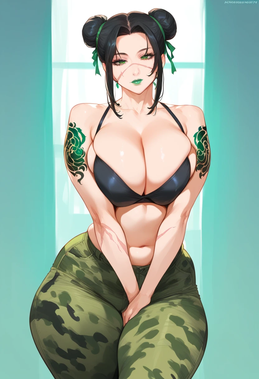 mixed_artwork style, 1 girl, standing alone, hands, beautiful woman, Asian, thick, Large woman, double bun hair, black hair with green tips, chubby, defined body, strong abdomen, strong legs, green tattoos on her arm Light green eyes, green lipstick, green camouflage pants, scar on the left eye, milf, Black blouse, cleavage, wide hips, realistic, textures, 8K, perfect hand, perfect anatomy, visible curves, Breasts, Quarter, from the back, big ass