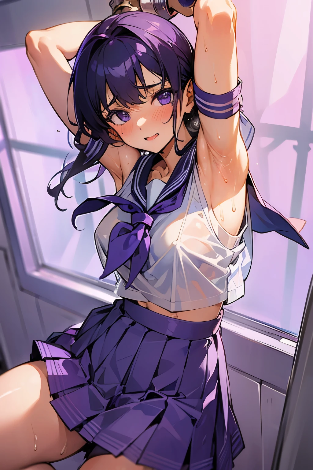 Restrained in handcuffs Arrest Purple sailor suit skirt girl See-through Sweaty Armpit Show
