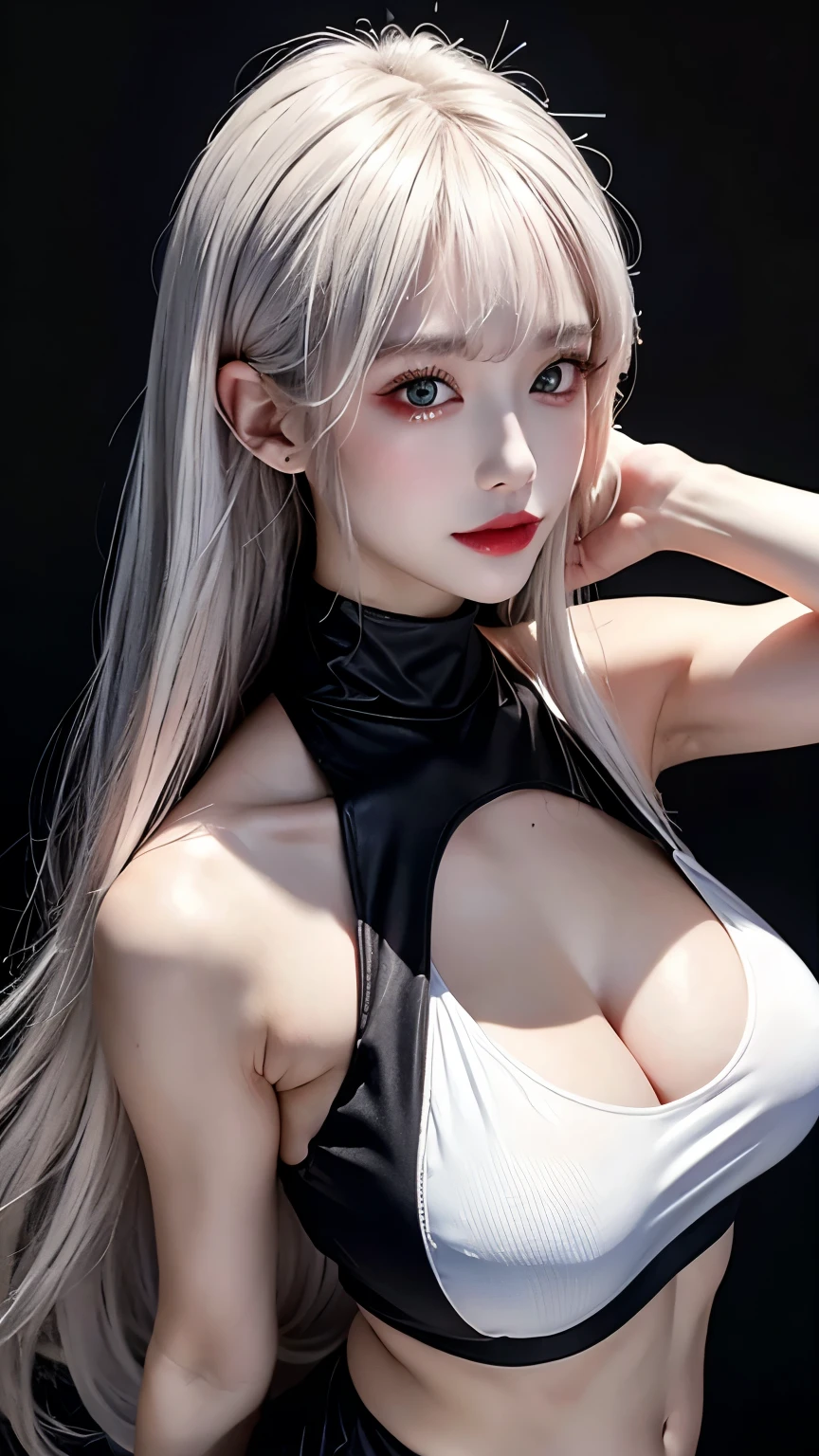 turtle girl， bangss， naked shoulders， Black pantsuit， cleavage of the breast， Breasts squeezed together， Solid gray background， hair between eyes，， length hair， View viewer， trouser， Parting lips， red eyes， lifiting shirt， simplebackground， Sleeveless， Sleeveless shirt， solo， highnecksweater， V-Arm， white  hair，（Shiny skin），（masterpaintings：1.4），（optimal quality：1.4），，，Facigirl，red lip，Perfect abs，Belly Navel，（：1.5），（Clear areola）， ，gargantuan，sweat leggs，The chest is exposed，Large big tits，Upper body photo，