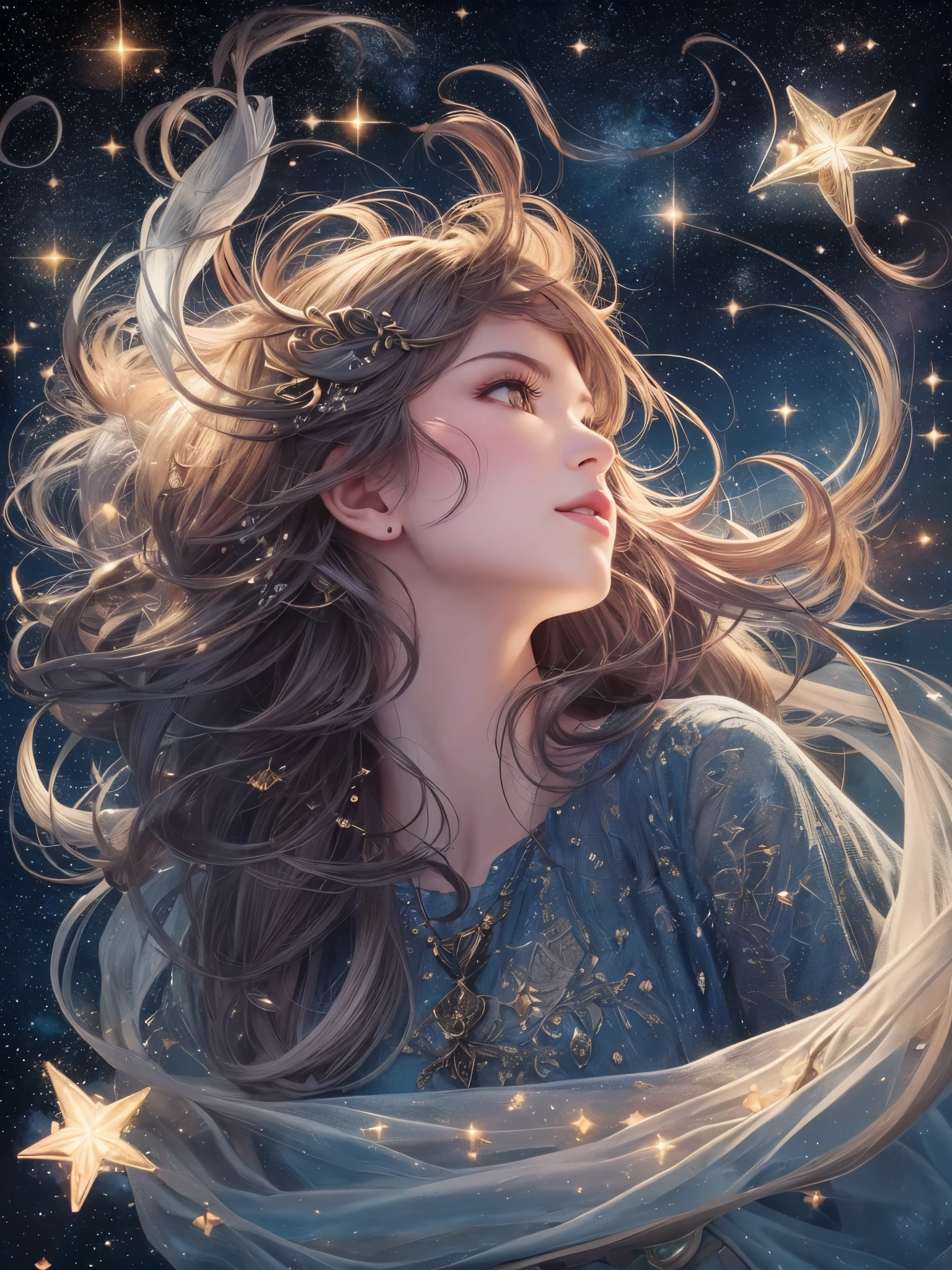 ((Highest quality)),(Ultra-high resolution),(Super detailed),(Detailed Description),((The best CG)),(masterpiece),Highly detailed art,(Art with precise detail:1.5), Big Dipper:1.8, Light of Love:1.4, peace:1.6, guidance:1.3, dream:1.1, Sweet and bittersweet:1.2, lure, Gorgeous:1.6, Sea of Constellations:1.3, ring, shine