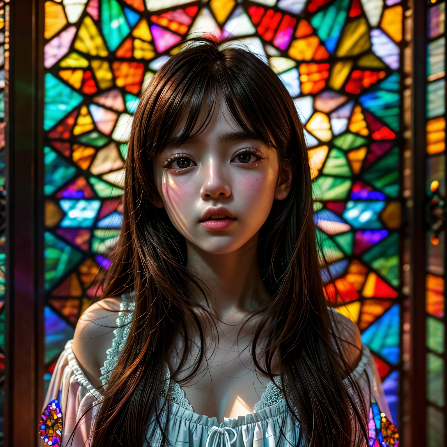 SFW , concept art, (PICHIPICHI KAWAII junior idol), (Detailed Delicate lace knitted white clothes), (nipple:-0.9), face closeup, (Elaborate stained glass Background:1.37), (((Renbutsu Misako), colorful Light shines through delicate stained glass:1.2, vivid red colors, Luminous Particles, light Particles))(Acutance:0.8). (ProfessionalPhoto:1.2),(ultra-detailed:1.37), (Extremely detailed KAWAII face variations, innocent expression variations), rosy cheeks, intricate detailed eyes with sparkling highlights, long eyelashes with volume, subtle blush on the face. Mystic sight, haze, Impeccable Radiant PearlSkin with Transparency, captivating gaze, ((Dynamic-angle)), whole Body proportions and all limbs are anatomically accurate . (Exposed:0.64)