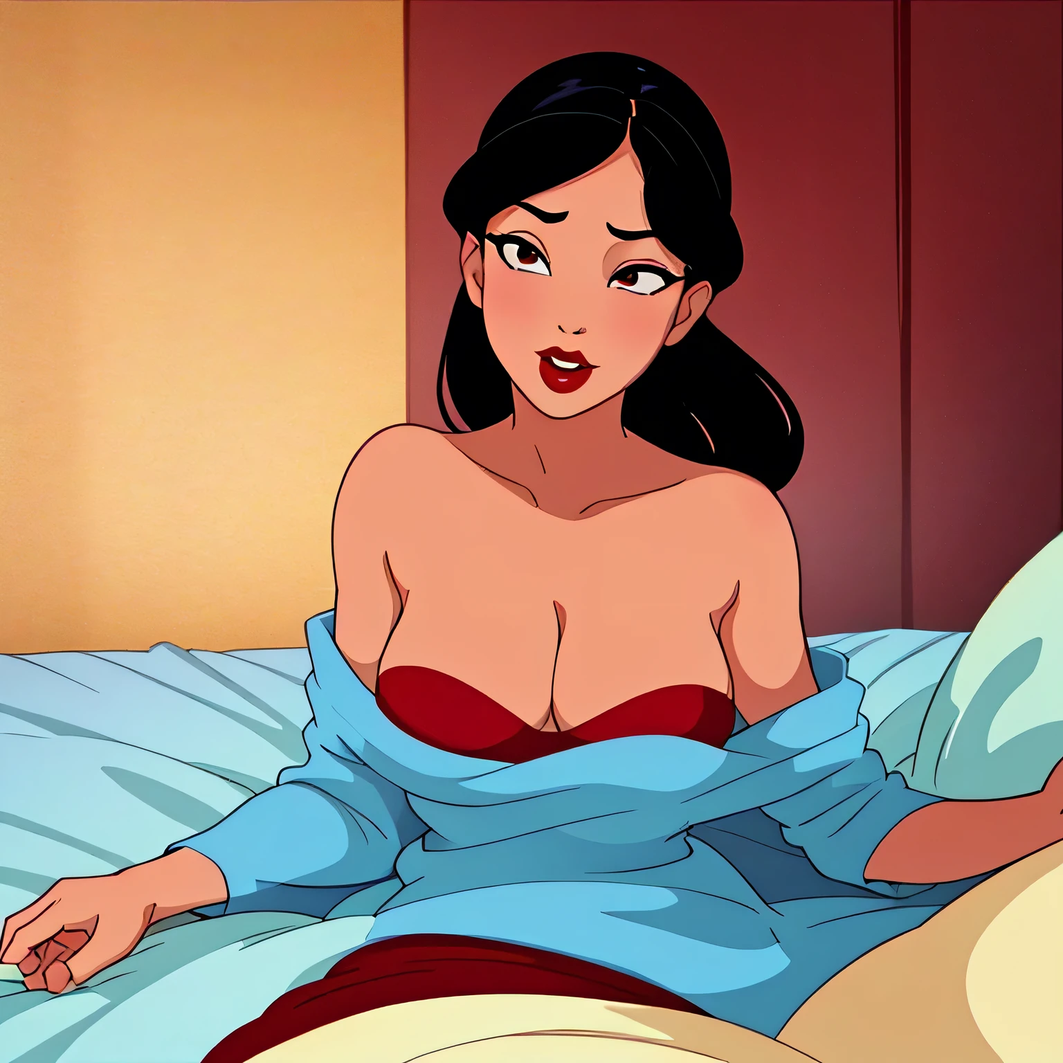 Sexy woman, MILF, neighbour black hair, sexy eyes, red lips, sexually aroused expression, lustful expression, pinned against a wall, upper body, medium chest, cleavage, bedroom, bed