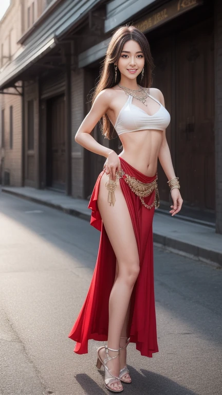 8K, On the table, RAW photos, best quality, Practical, Highly detailed CG Unity 8K wallpaper, Written border depth, Movie Lighting, lens flare, Ray Tracing, (Very beautiful face, Beautiful lips, beautiful eyes), Exquisite facial details, (Highly refined skin) 1 girl, Rear view,Side view, Deep Shadows, Cute Korean girl, (K-pop idol), 1 girl, (Very slim slender fit-muscled body:1.3), (View your audience)), (Smile with white teeth:1.3), (Full body photo showing feet), (Fashion Street), ((There are no pedestrians in the background)), earrings, bracelet, necklace, Red belt, Clear eyes, Walk, (Pale skin), (big eyes), (Brown hair), (belly dance dress), (View your audience:1.3) (,), Very slim, Large Breasts, Medium buttocks,Full body photo showing to toes,