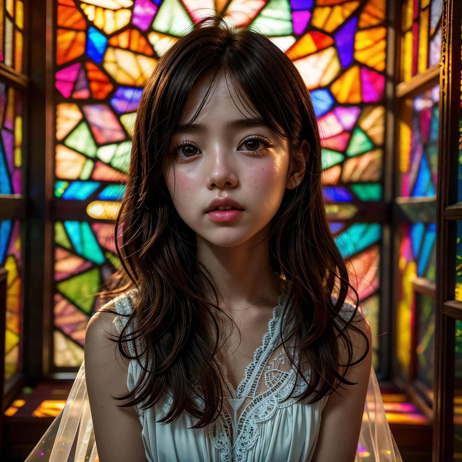 SFW 14yo, concept art, (PICHIPICHI KAWAII junior idol), (Detailed Delicate lace knitted white clothes), (nipple:-0.9), face closeup, (Elaborate stained glass Background:1.37), (((Renbutsu Misako), colorful Light shines through delicate stained glass:1.2, vivid red colors, Luminous Particles, light Particles))(Acutance:0.8). (ProfessionalPhoto:1.2),(ultra-detailed:1.37), (Extremely detailed KAWAII face variations, innocent expression variations), rosy cheeks, intricate detailed eyes with sparkling highlights, long eyelashes with volume, subtle blush on the face. Mystic sight, haze, Impeccable Radiant PearlSkin with Transparency, captivating gaze, ((Dynamic-angle)), whole Body proportions and all limbs are anatomically accurate . (Exposed:0.64)