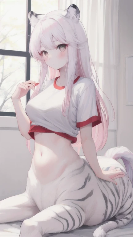 (best quality, masterpiece), 1 girl, centaur, It takes, White skin, korean ,daughter, black pink , abdominal exposure, belly button t-shirt , 아름다운 소녀 perfect white tiger photo, perfect white tiger photo