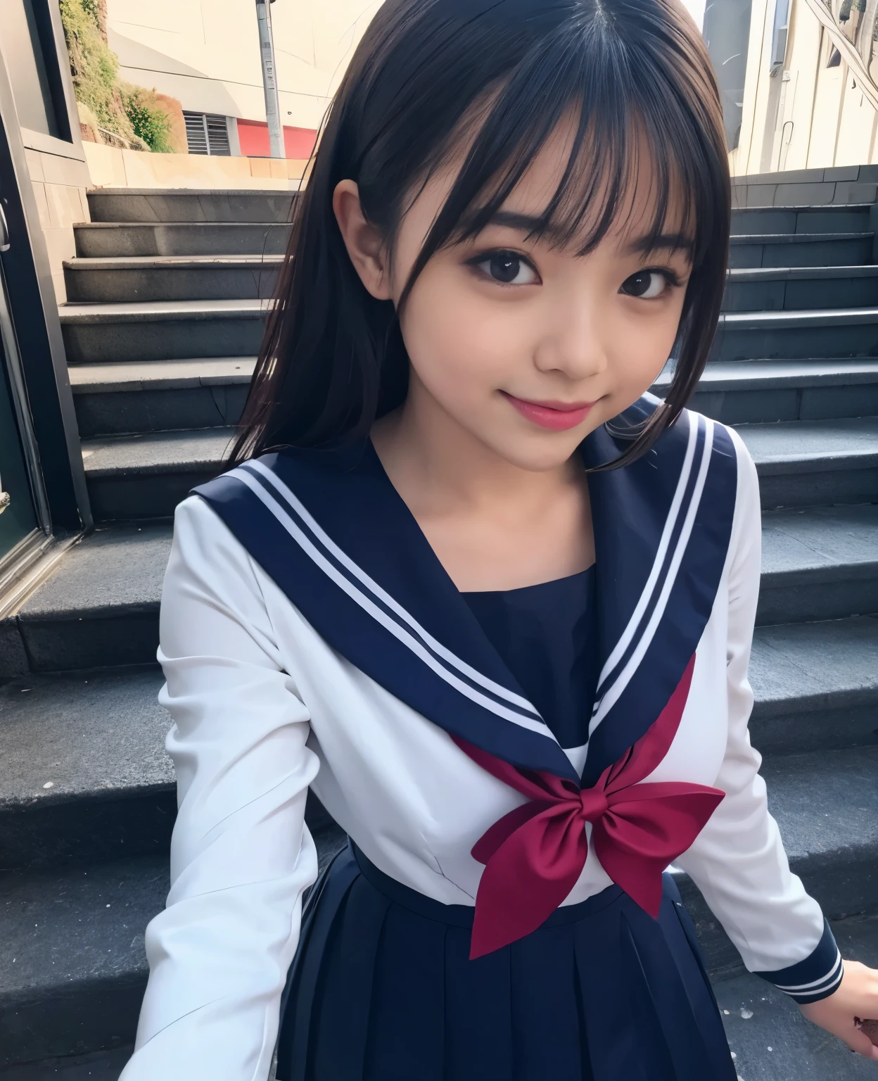 1girl, 18yo school girl, sailor uniform, climbing stairs, looking at viewer, smiling, view from below, (masterpiece, 8k, best quality:1.2), photorealistic, hyper detailed, cinematic lighting, vibrant colors, natural skin tones, intricate details, flawless rendering, sharp focus