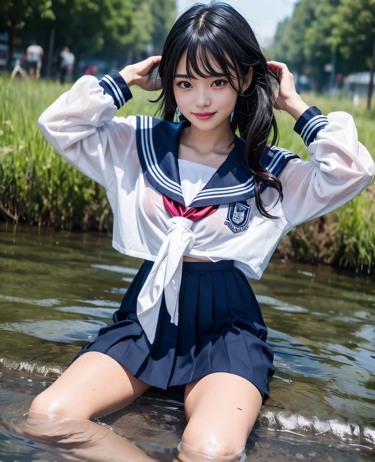 (masterpiece, 8k, best quality:1.2), in the river, outdoor, 1girl, 20 yo school girl,  smile, looking at viewer,  sailor uniform, wet clothes, soaked, wet hair, wet skin, translucent, glistening with oil, drenched, bright sunshine, soaked heavy clothes, playful, black hair, short bob