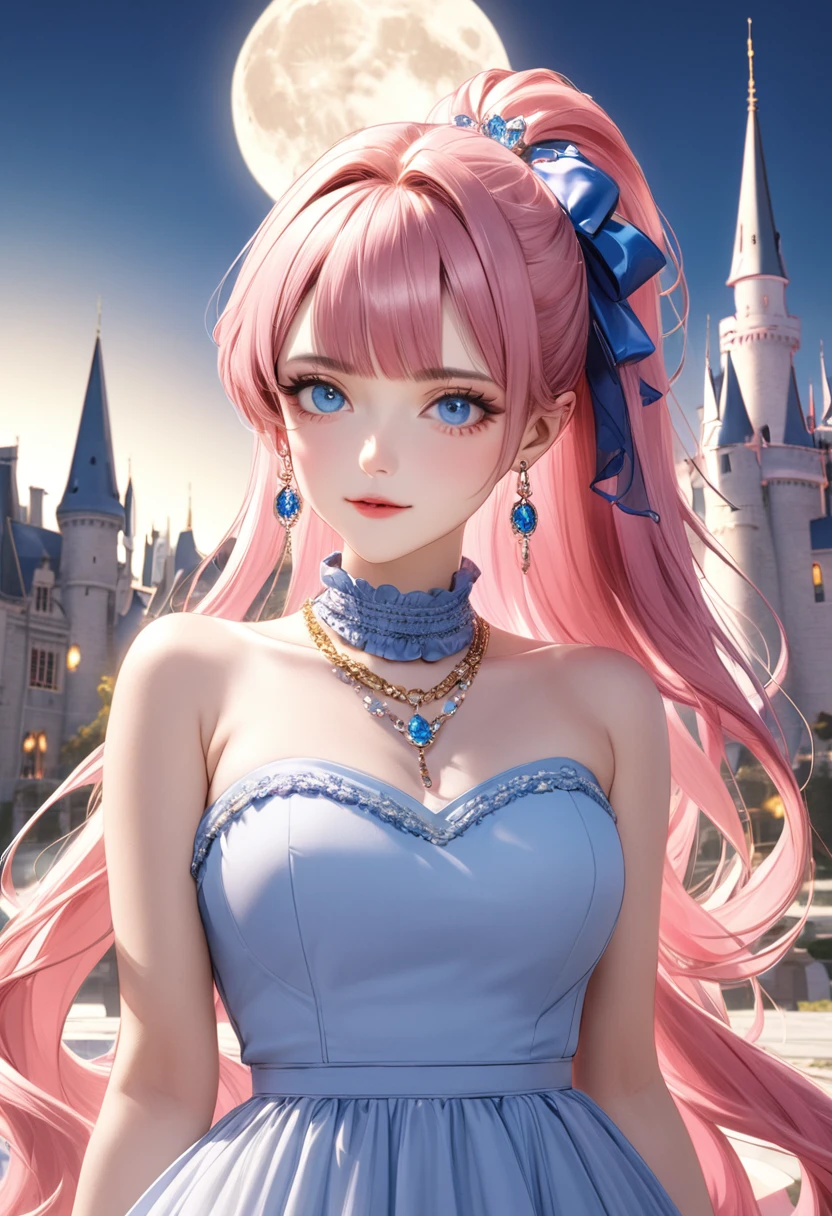 1 female Pink hair ponytail Pink eyebrows Dull light blue eyes Socialite debut Long dress Castle and full moon hair ornaments Earrings and matching necklace