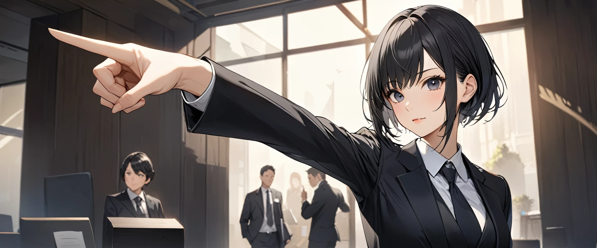 Highest quality、High resolution、Detailed Background、Beautiful face in every detail、Black suit、lawyer、Pointing with index finger,So that the whole body can be seen、Short black hair、woman、1 person