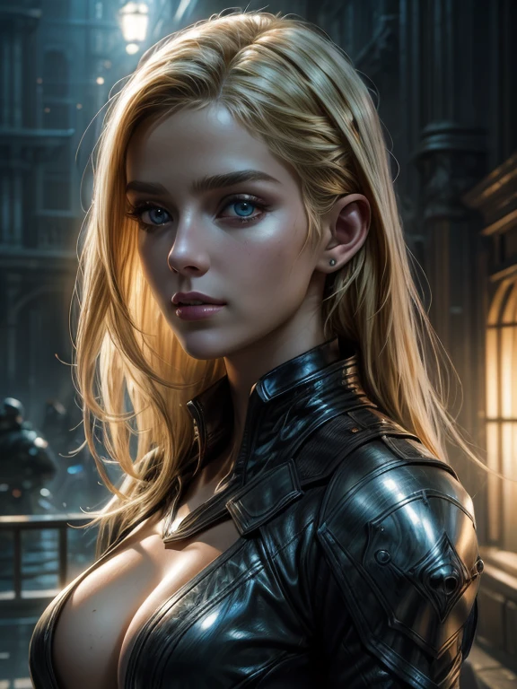 High-quality 4K, Beautiful light and shadow, Atmosphere, An attractive scene that evokes youth, Alien Market, A blonde woman with long pointy ears who is a bounty hunter, Upper body portrait, (very beautiful detailed face), Symmetrical face, Detailed eyes, High-end clothing, Digital Painting, Detailed artwork, Sharp focus, Artistic depiction, Realism HDR, Photorealism, Hyperrealism, Ultra-realistic, Dramatic Light, Strong Shadows, Nice views, Written boundary depth