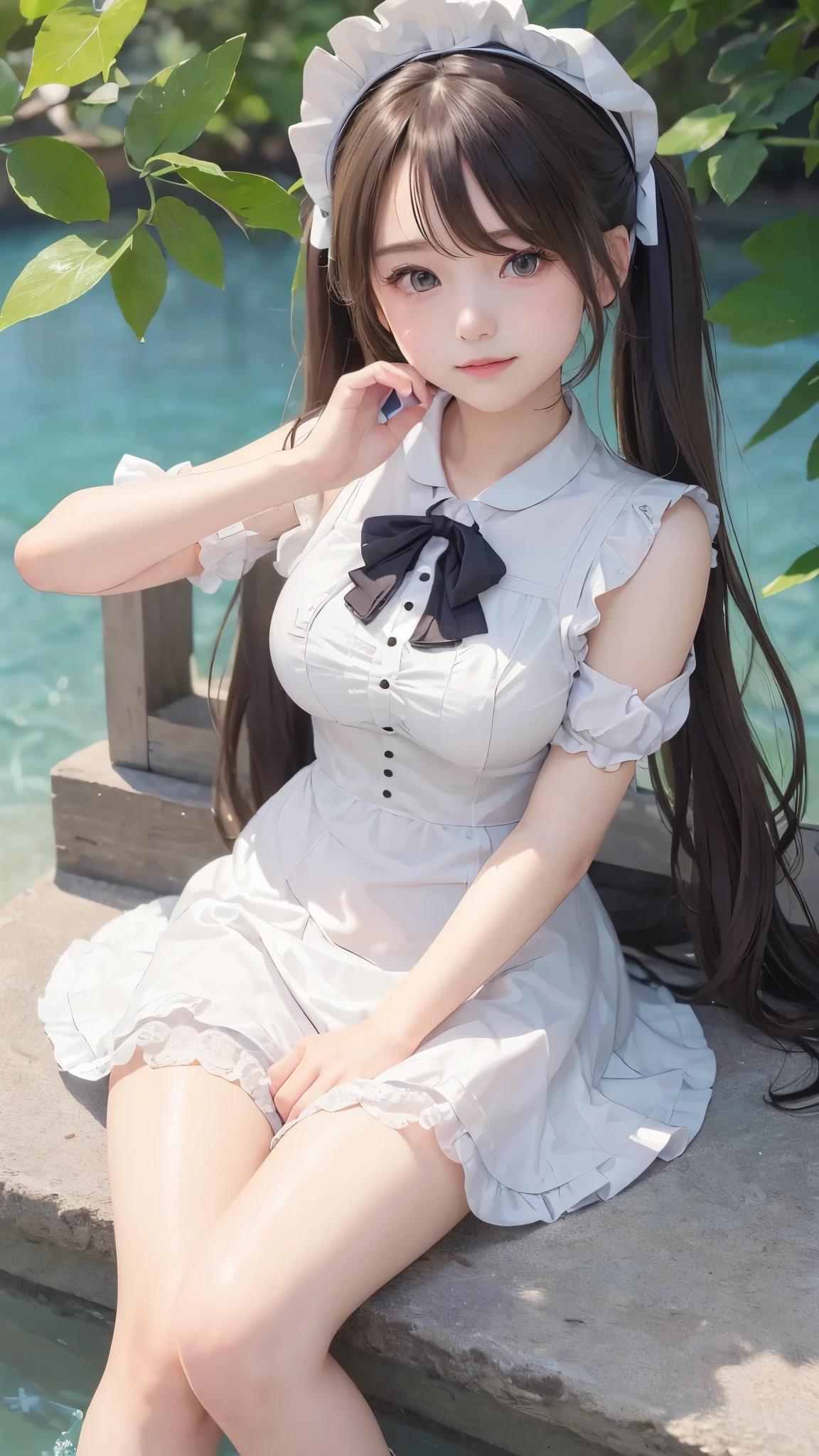 ((masterpiece)), ((highest quality、Ultra high definition)), (Very detailed),8K、Photo quality、((Amazingly cute girl)),16-year-old girl)), Two people, , (Beautiful emerald blue eyes), ((smile)),In the open-air bath overlooking the sea, Beautifully arranged black hair in twin tails、スリムボディー、(((Cute lolita maid style swimsuit)))、Professional Lighting、(White lace knee-highore detailed and beautiful)、(More details and cutenesore realistic)、((Just wear light clothing))、プールではしゃぐ、
