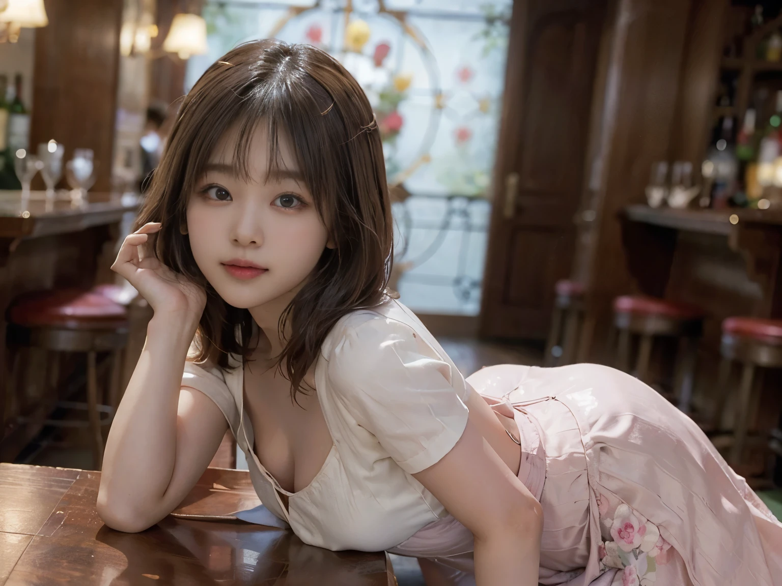 Highest quality, masterpiece, Ultra-high resolution, 8k,photograph, Realistic, Anatomically correct:1.5), 20-year-old girl:1.2, Embarrassing, avert your eyes, blush:1.0, View Viewer, ((bar)) 、Large windows、Night view、 Light:1.2, Bokeh, Cinema Lighting:1.0, sharp、 Cute Face、Idol、Short sleeve tulle top、Tulle skirt、Silk-colored clothes、”dwarf”、(Floral clothes)、(Full Body Shot)、Side angle、Cowboy Shot、、 smile、((Ultra short hair、Berry Short))、(Straight bangs)、(( One Girl))、(Waist)、(I can see your thighs)、(Accurate depiction)、((Fuller lips)),Large Breasts