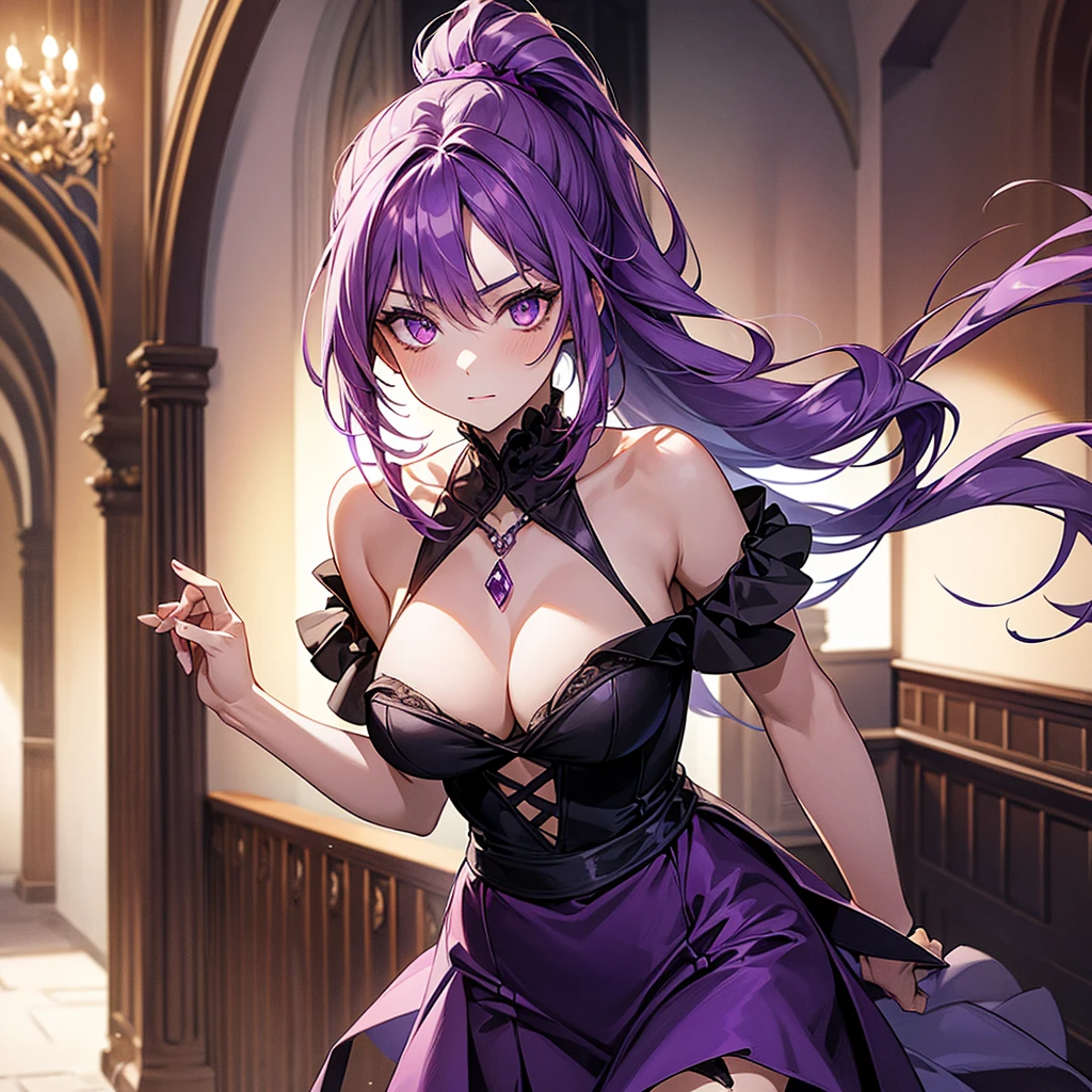 A girl in her late s with long light purple hair tied into a ponytail and amethyst eyes wearing a elegant revealing dark purple dress with a dark purple short skirt in a castle hallway as a face pic