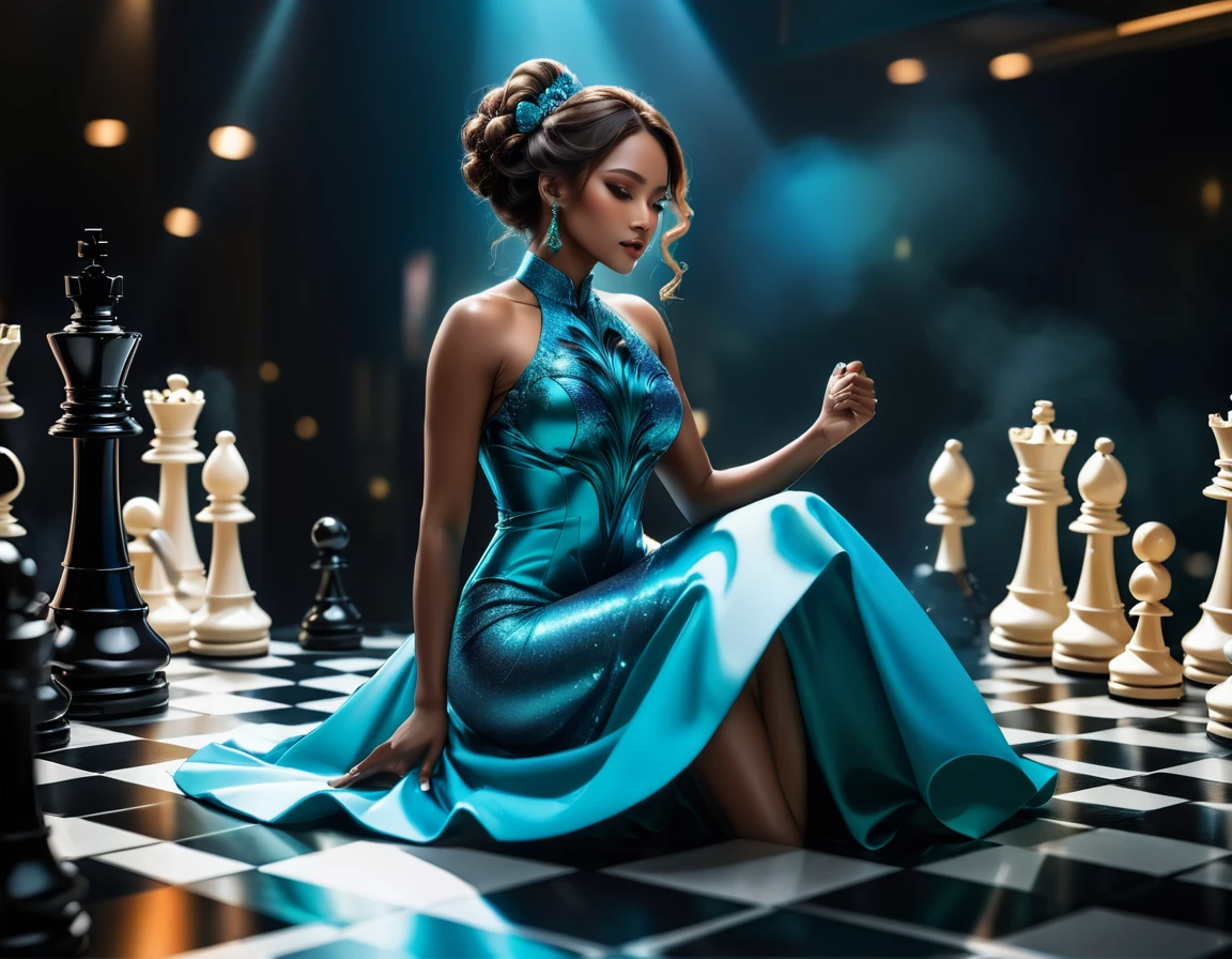 a picture of a woman winning chess game, a beautiful woman ((full body shot: 1.5)), ((anatomically correct: 1.5)) (ultra detailed face: 1.4), dynamic skin complexion, dynamic hair style, dynamic hair color, winning a chess game at chess tournament, she is dressed in elegant dress, intricate dress, dynamic color dress, dynamic style dress, wearing high heels, a look of satisfaction, a look of victory, a look of overcoming great obstacle, chess tournament background,  vibrant, Ultra-high resolution, High Contrast, (masterpiece:1.5), highest quality, Best aesthetics), best details, best quality, highres, 16k, [ultra detailed], masterpiece, best quality, (extremely detailed) 
