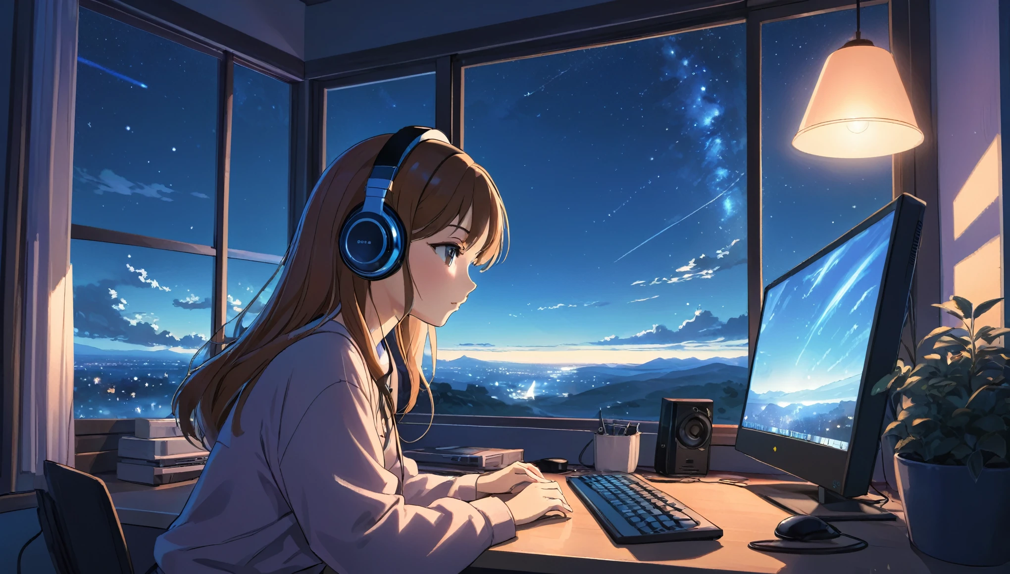 An anime illustration of a woman wearing headphones and intently looking at a PC while working on something. The scene is set by a window with a view of a nighttime , and the overall atmosphere reflects the soft, calming vibe of lofi music.