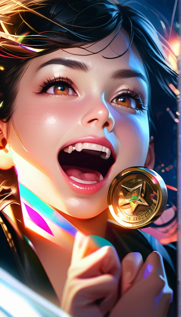 Award-Winning Moment, A woman holding a winning lottery ticket, joyful expression, jumping from joy, detailed facial features, photorealistic, extremely detailed, 8k resolution, cinematic dramatic lighting, award-winning portrait style, vibrant rich colors, masterpiece quality