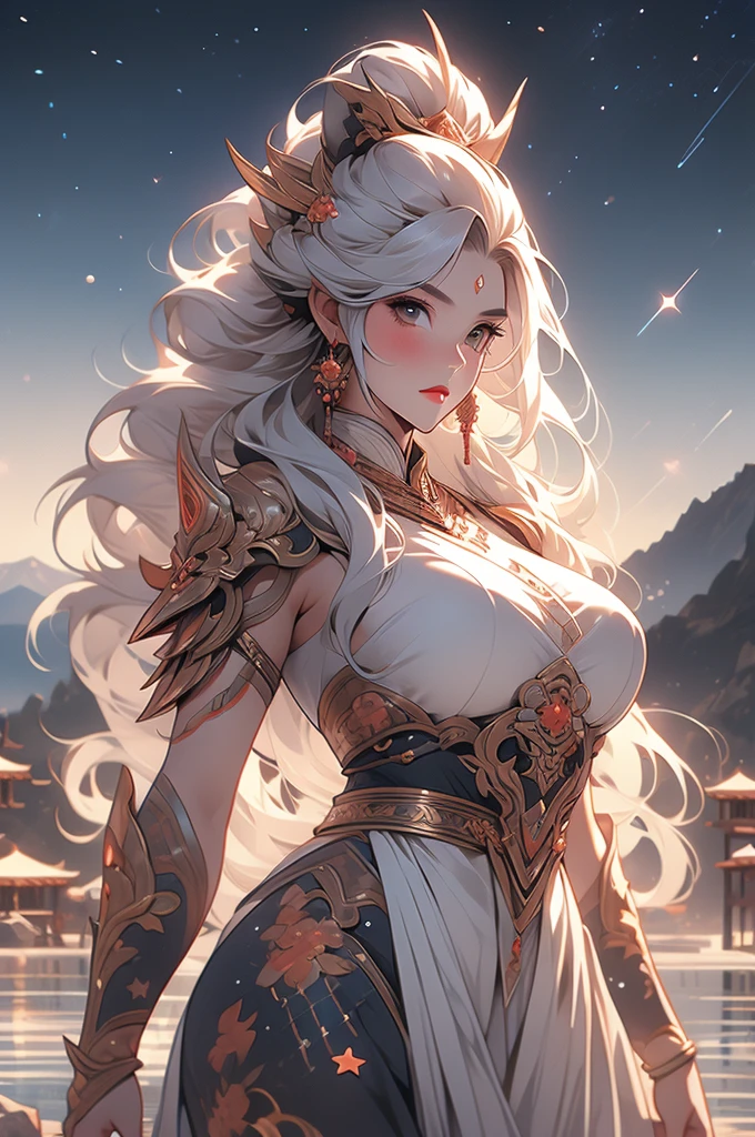 tall, oni woman, sheer white skin, white hair, mountains, night, stars, powerful, voluptuous, revealing armor