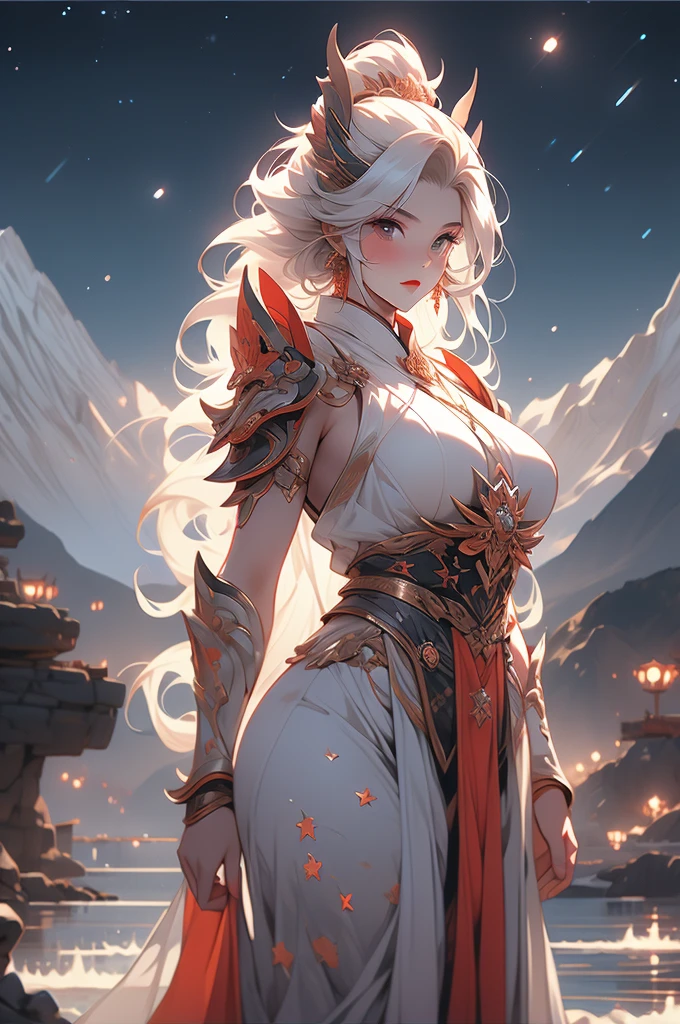 tall, oni woman, sheer white skin, white hair, mountains, night, stars, powerful, voluptuous, revealing armor