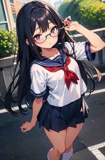 Elementary school girl　8-year-old　Flat Chest　Black Hair　Long Hair　Purple eyes　1 person　Glasses　Short-sleeved sailor uniform　Navy blue mini skirt　White panties　White socks　sneakers　Are standing　Dynamic Angle　Low - Angle