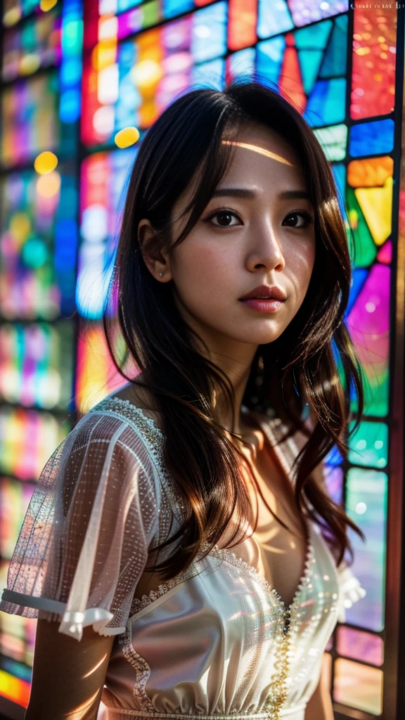 software, Concept Art, Little Junior Idol, (A white dress made of delicate lace with attention to detail), (Nipples:-0.9), Face close-up, (Intricate stained glass background:1.37), (((Renbutsu Misako), Colorful light shining through delicate stained glass:1.2, Bright red, Luminous Particles, Particles of light))(Accutance:0.8). (Professional Photo:1.2),(Very detailed:1.37), (Very detailedKAWAII顔のバリエーション, Variations of innocent facial expressions), Rosy Cheeks, Exquisite eyes with shimmering highlights, Long and voluminous eyelashes, Slight redness in the face. Mysterious sight, mist, Clear, flawless, radiant pearly skin, Captivating Gaze, ((Dynamic Angle)), Body proportions and limbs are anatomically correct . (Expose:0.44)