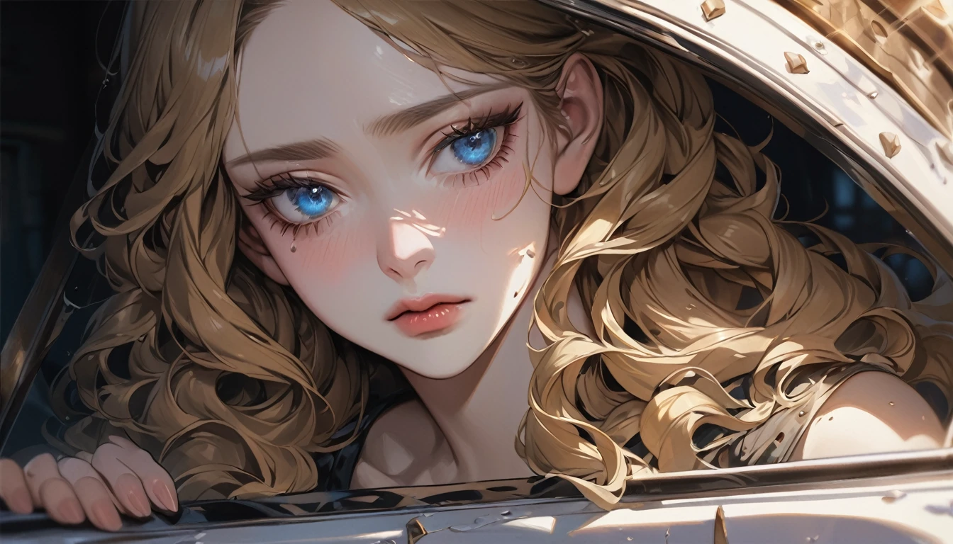 master piece, ultra detailed, hyper realistic, I look out the window at the castle in the distance, Female servant, 20yo, Ragged and shabby servant dress, covered in soot, shedding tears and reflecting a deep sadness, wavy hair, yellow hair, silky hair, blue eyes, long eyelashes, yellow eyebrows, pale skin, Fairy Tale World Feel, looking away,