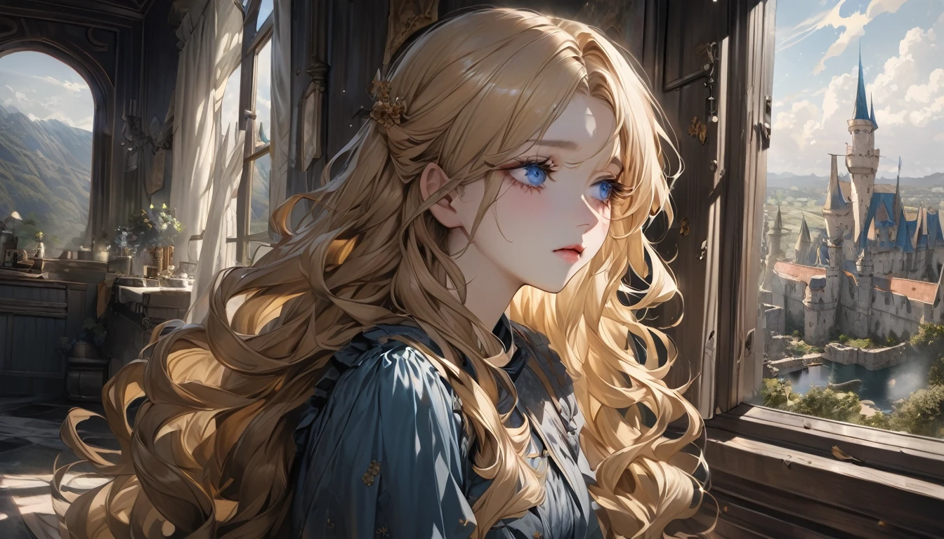 master piece, ultra detailed, hyper realistic, I look out the window at the castle in the distance, Female servant, 20yo, Ragged and shabby servant dress, covered in soot, shedding tears and reflecting a deep sadness, wavy hair, yellow hair, silky hair, blue eyes, long eyelashes, yellow eyebrows, pale skin, Fairy Tale World Feel, looking away, 
