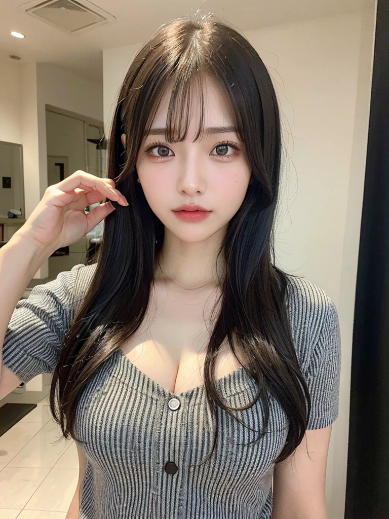 (masterpiece:1.3), (8k, Photorealistic, RAW Photos, Best image quality: 1.4), 23-year-old girl、(Random Hairstyles:1.2)、Super detailed face、Attention to detail、double eyelid、Sharp focus:1.2、Beautiful woman:1.4、Black Hair、Highest quality、masterpiece、Ultra-high resolution、(Photorealistic:1.4)、Highly detailed and professional lighting、Striped shirt、thin、Black long hair、Deadly position、Clear Skin、Random pose、Shiny Hair、Sculpture model pose、Exposed cleavage