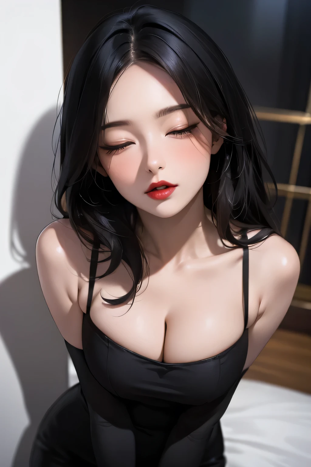 Sexy woman, MILF, neighbour black hair, sexy eyes, red lips, sexually aroused expression, lustful expression, pinned against a wall, upper body, medium chest, cleavage, bedroom, bed