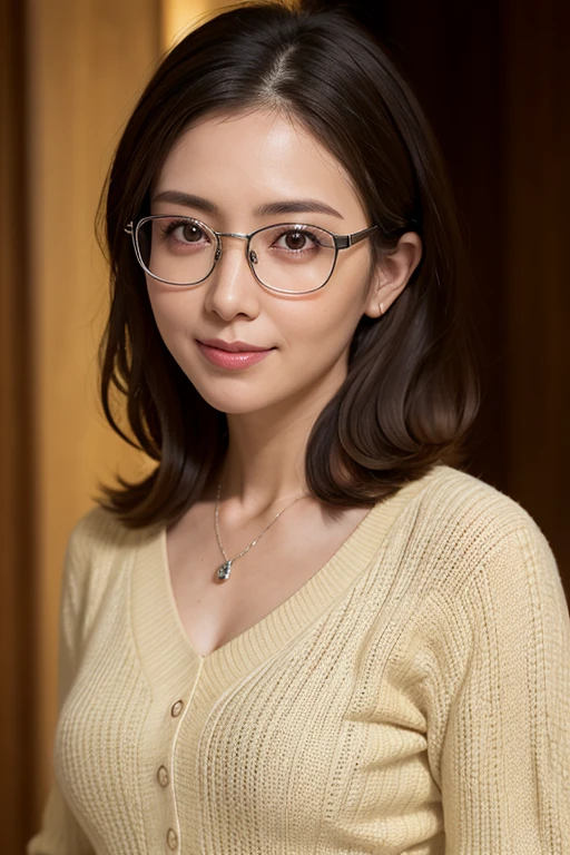 8k, Highest quality, masterpiece, Realistic, Photorealistic, Ultra-detailed, Natural light, Shapely breasts, I can see her cleavage, 1 person, 35-year-old woman, Black Hair, Beaver, Straight Hair, Silver-rimmed glasses, (Look at the viewers), pendant, Light yellow knitted V-neck shirt, Highly detailed face and skin, Detailed eyes, Highly detailed face and skin