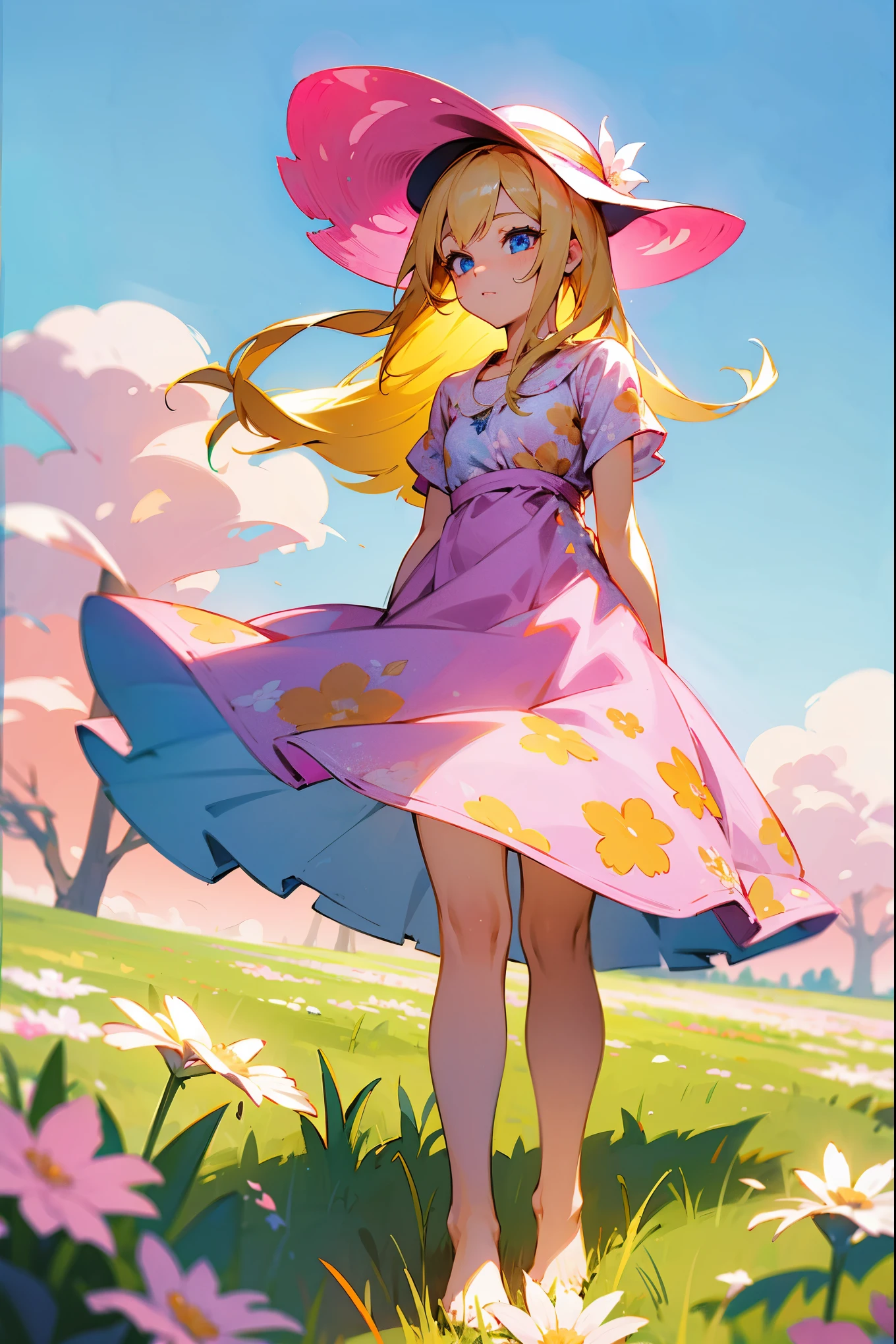 1female, blonde hair, ombre pink tips, blue eyes, floral print dress, sun hat, barefoot, standing in a blooming meadow
