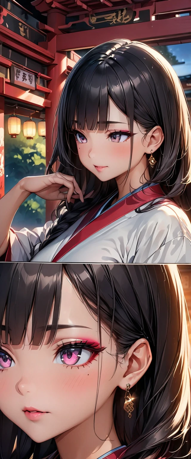 (Perfect Anatomy)、Mastepiece、Ultra High Quality、 8k、masterpiece、Highest quality、Ultra-high resolution、Maximum resolution、Very detailed、Professional Lighting、anime、woman、thin、Very beautiful face、Very beautiful eyes、(Highly detailed eye)、Highly detailed face, Golden earrings、Black Hair,、Pink eyes, Braiding、Straight bangs, contouring, makeup, eyeliner, eye shadow, pink cheek, pink lips, full body, standing, japanese mythology, (((dancing))), shrine,